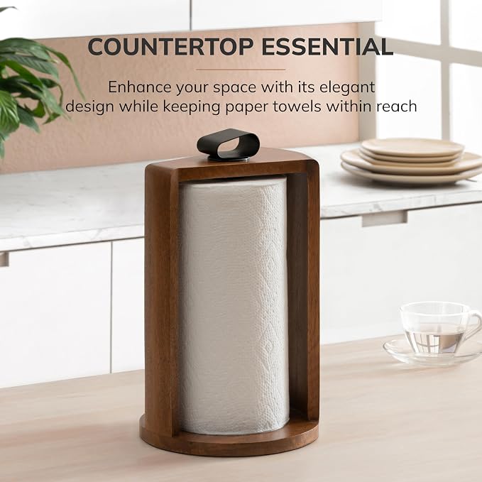 Anji Mountain Wooden Paper Towel Holder with Iron Holder, Holder Stand for Kitchen Roll Organizer & Kitchen Dining Table Home Décor, Countertop Fits Jumbo & Mega Rolls - Walnut/Black, Top Load