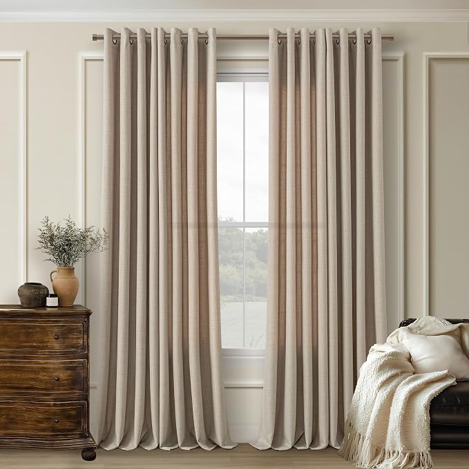 Burlywood Birch 102 Inch Linen Curtains 2 Panels Set Grommet Light Filter Burlap Linen Drapes Boho Farmhouse Semi Sheer Window Curtain 102 Inches Length for Living Room Sliding Glass Patio Door
