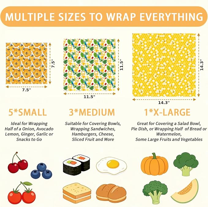 Reusable Beeswax Wraps, 9 Pack Eco-Friendly Food Storage, Organic, Sustainable, Zero Waste, Plastic-Free, for Sandwich, Fruit, Bowl, Bread, 1XL, 3M, 5S, Bees Honeycomb Monkey Parrot Patterns