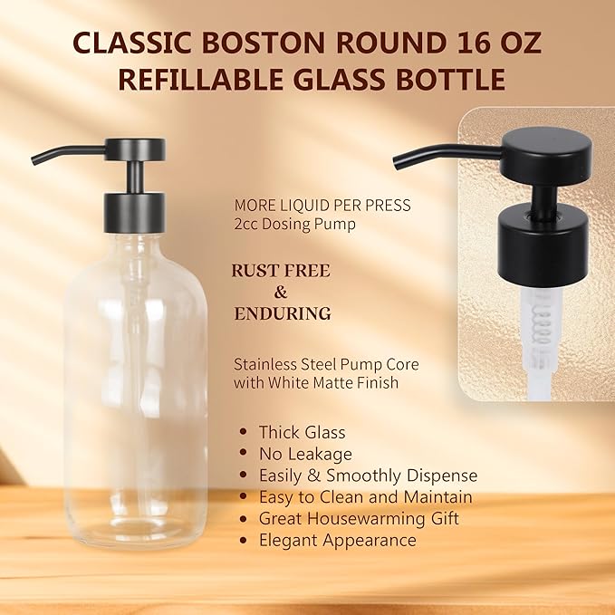 Ronasip Set of 5 Kitchen Soap Dispenser Set 16 Oz Glass Hand Dish Soap Dispenser with Stainless Steel Pump, Cement Tray, Dish Scrub Brush for Farmhouse Rustic Home Bathroom Decor (Transparency)