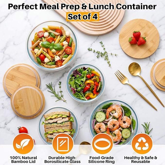 Blushtier 4 Pack 44/32/ 21/14 oz Borosilicate Glass Food Containers with Bamboo Lids, Stackable Glass Bowls for Meal Prep & Lunch, Microwave, Freezer and Dishwasher Safe