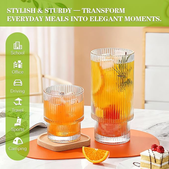 Ribbed Drinking Glasses Set of 8, Stackable Cute Kitchen Glasses Cups 16oz and 7oz Iced Coffee Glasses cocktail Glass cup for Water, Beverage, Whiskey