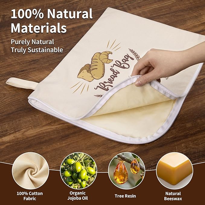 2 Pack Beeswax Bread Bags with L-Shaped Zipper, X-Large Easy-Access Reusable Wrap for Sourdough & Baguettes, Sustainable Organic Cotton Food Storage, Zero Waste Artisan Bread Protector