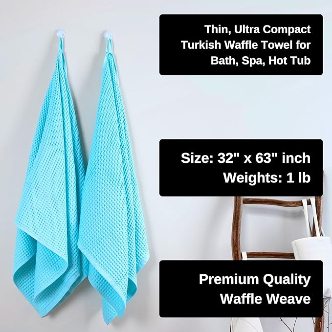 PÜSKÜL Pack of 2 Waffle Bath & Spa Towels - Premium 100% Turkish Organic Cotton - Quick Dry Thin Bath Towel for Bathroom - Made in Turkey (Turquoise, 32x63 inch)