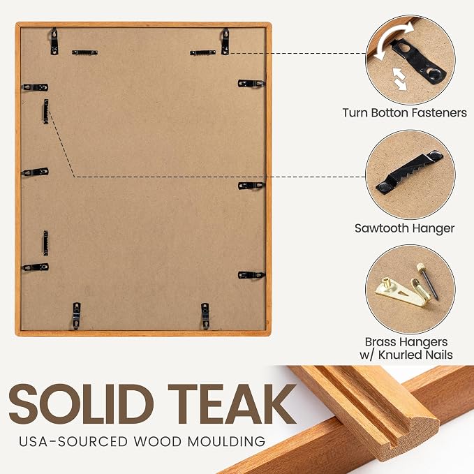11x17 Picture Frame, USA-Sourced Teak Wood Photo Frames with HD Tempered Glass, Handcrafted Rounded Corner 11 x 17 Wooden Frame Matted to 8x12 Photos, 11x17 Frames, Tabletop or Wall Display