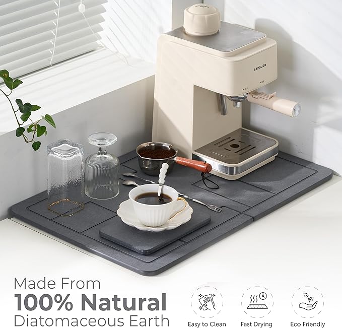 Large Stone Drying Mat for Kitchen Counter+Sink Caddy, 100% Natural Stone Dish Drying Mat, Quick Drying, Non-Toxic, BPA-Free, JIGSAW Drying Matt Kitchen Counter (Dark Gray 24"×16" & 8"x4")