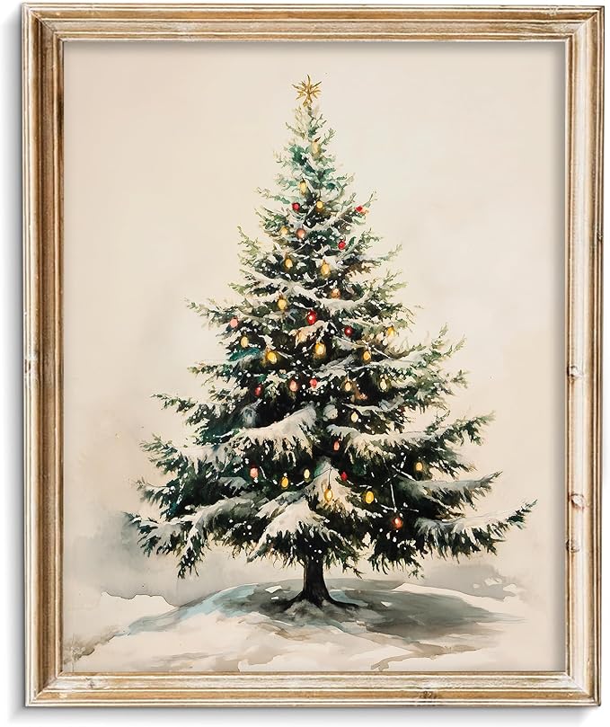 Vodefoad Christmas Tree Wall Art Vintage Rustic Xmas Winter Snowy Pine Tree Canvas Oil Wall Decor Neutral Antique Holiday Christmas Tree Painting for Gallery Bedroom Bathroom - 8x10Inch Unframe