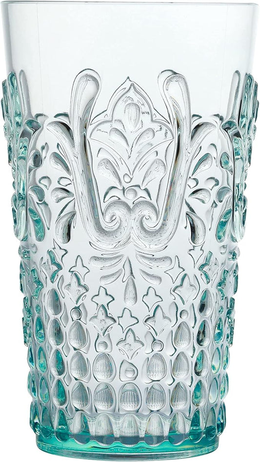 KLIFA- BLOIS- 20.5 ounce, Set of 6, Acrylic Highball Drinking Glasses, BPA-Free, Stackable Plastic Drinkware, Dishwasher Safe, Vintage Looking Cups, Light Teal