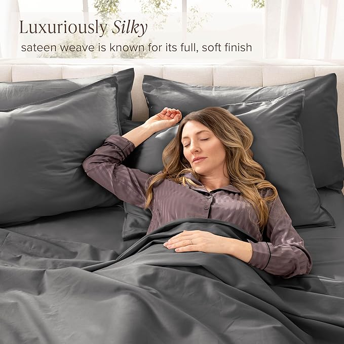 Bare Home 100% Organic Cotton Queen Sheet Set - 400 Thread Count - Smooth Sateen Weave - Breathable & Cooling - Hotel Luxury Set - Deep Pocket Bed Sheets (Queen, Grey)