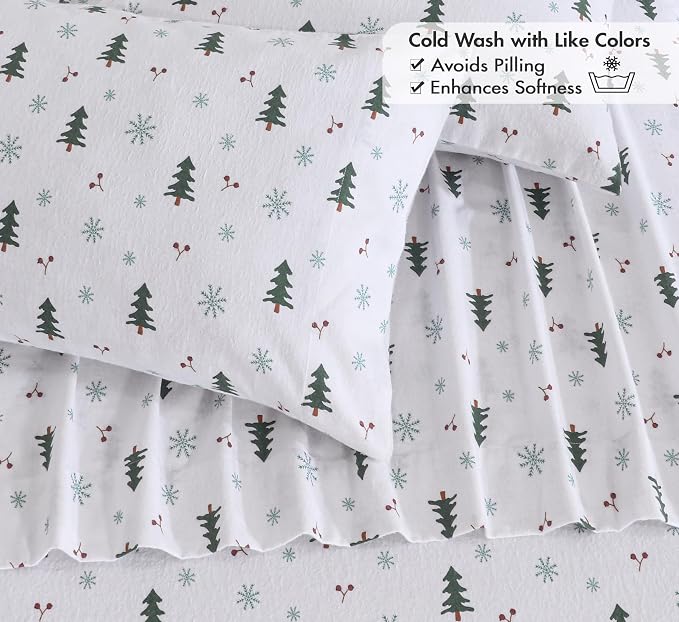 RUVANTI Flannel Sheets King Size - 100% Cotton Double Brushed King Bed Sheets Set - Deep Pockets 16 Inches - All Seasons Breathable & Extra Soft - Warm & Cozy, 4 Piece, Berry & Pine