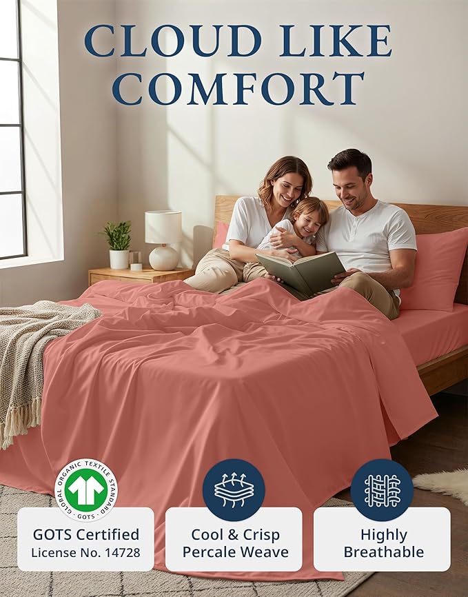 LANE LINEN 100% Organic Cotton Fully Elasticized King Sheet Set, Low Pilling Fade Resistant Machine Washable Naturally Cooling King Bedding Set, Mercerized Soft & Comfy Cotton Sheets – Rose Dawn