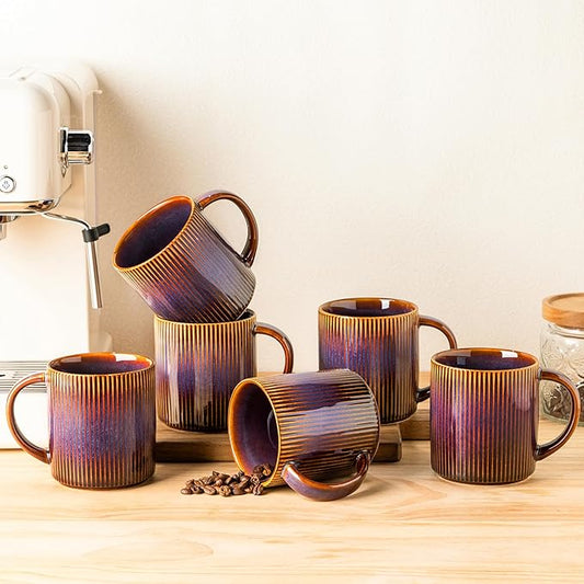 theterra Ceramic Coffee Mugs Set of 6, 14.2oz Handmade Coffee Cups with Handle for Latte, Tea, Milk, Beer, Hot Cocoa, Amber Amethyst