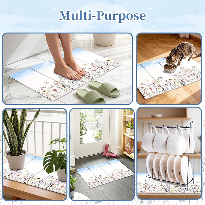 3 PCS Stone Dish Drying Mat for Kitchen Counter, Quick Dry Foldable Stone Dishes Mats, Water Absorbing Diatomaceous Earth Drying Organizer for Dishes Bottles, Cups and Tableware (Sky)