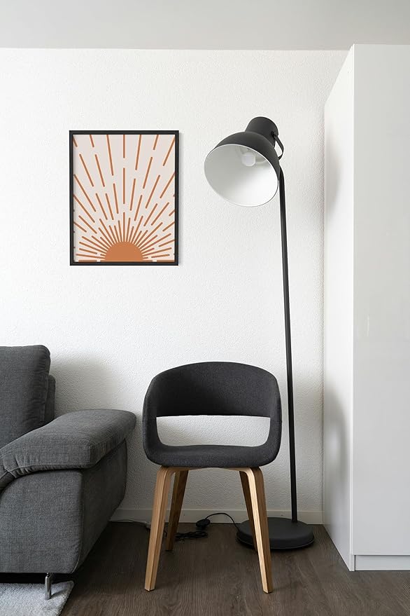 Minimalist Sunburst Wall Art Abstract Geometric Arch Earth Tones Terracotta Mid Century Modern 11x14 Inch Oak Wood Black Framed Boho Sunrise Print for Bedroom Living Room Decor