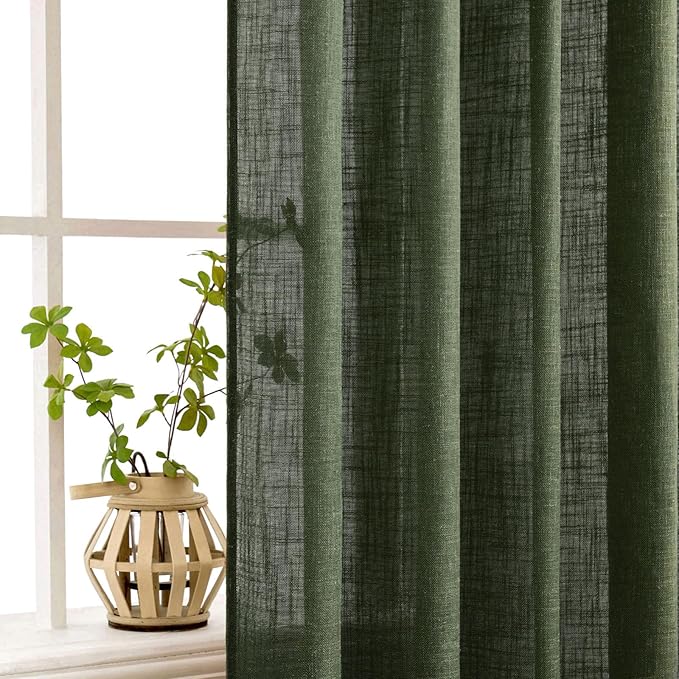 MIULEE Olive Green Linen Curtains 96 Inch Long for Bedroom Living Room, Soft Thick Linen Textured Window Drapes Semi Sheer Light Filtering Rod Pocket Back Tab Christmas Burlap Look, 2 Panels