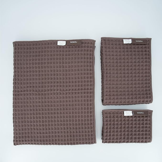 Luxury Organic Japanese Cotton Waffle Bath Towel | Thick, Absorbent, Quick Dry Bathroom Towels for Shower, Sauna, Onsen| Hotel & Spa Quality, Gift-Ready (Dark Cocoa, Bath Towel Set (3-Piece))