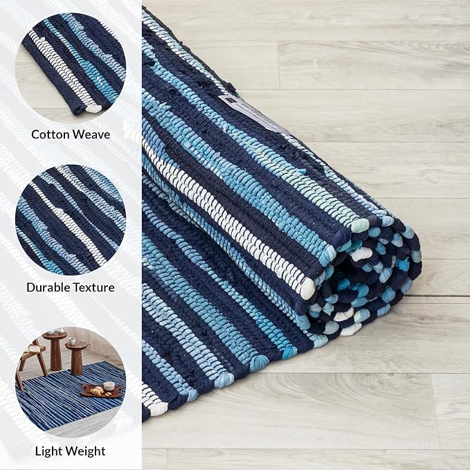 HOMEMONDE Navy Rag Rug 3'x5' Recycled Soft Cotton Chindi Rugs Hand Crafted Reversible Boho Home Decor for Bedroom, Living Room, Kitchen, Entyrway