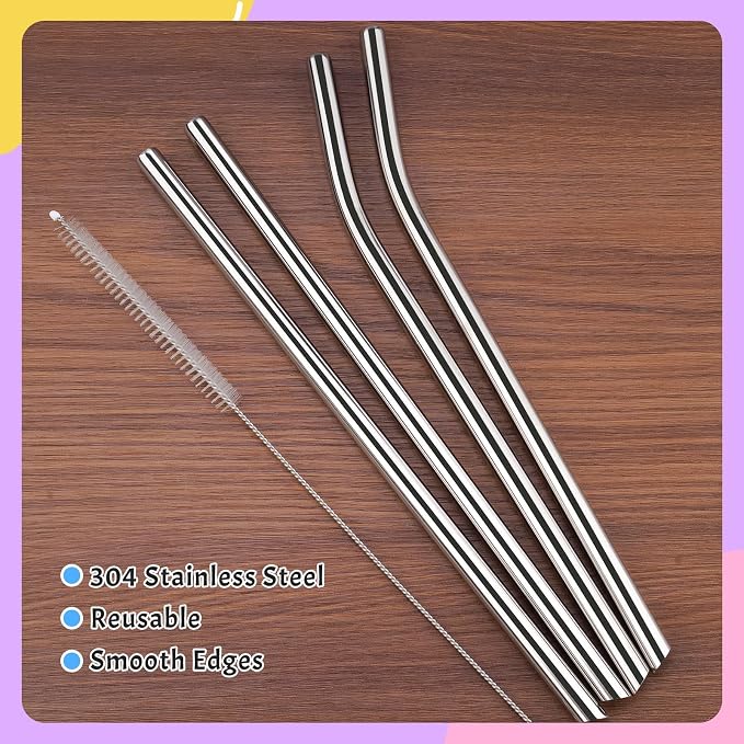 NiHome 4-Pack Stainless Steel Straws for Boba, Smoothie, 10.4” Metal Straws | 0.4'' Wide Metal Reusable Straws, 2 Bent & 2 Straight Long Drinking Straw for Bubble Tea, Milkshake Juice, 1 Brush, Silver