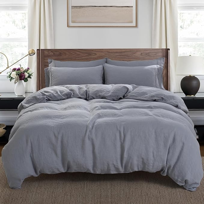 S VICTORY SYMBOL 100% Organic Linen Duvet Cover Set King Size 3pcs,Natural French Washed Flax Bedding(1 Duvet Cover &2 Pillowcases) Buttons Closure(Light Grey)