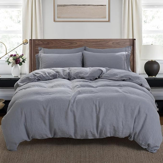 S VICTORY SYMBOL 100% Organic Linen Duvet Cover Set 3pcs Queen Size,Natural French Washed Flax Bedding,GOTS Certified(1 Duvet Cover and 2 Pillowcases) Buttons Closure,Light Grey