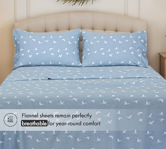 RUVANTI Flannel Sheets King Size - 100% Cotton Double Brushed King Bed Sheets Set - Deep Pockets 16 Inches - All Seasons Breathable & Extra Soft - Warm & Cozy, 4 Piece, We Fly