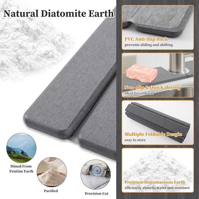 Diatomaceous Stone Drying Mat for Kitchen Counter with Sink Faucet Mat, Gray Absorbent Quick Dry Dish Drying Mat Set, Diatomite Stone Slat Countertop Pad for Dishes, Cups