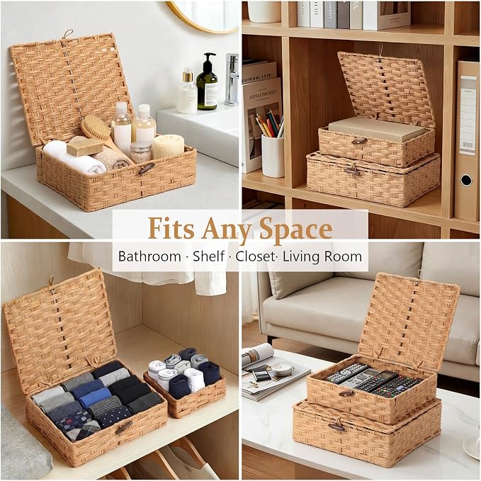 Newtay Set of 4 Woven Wicker Storage Baskets with Lids, Decorative Storage Boxes Lidded Rattan Organizer Bin Home Decor for Shelf, Coffee Table, Closet, Bathroom, Living Room(Plastic,Natural Color)