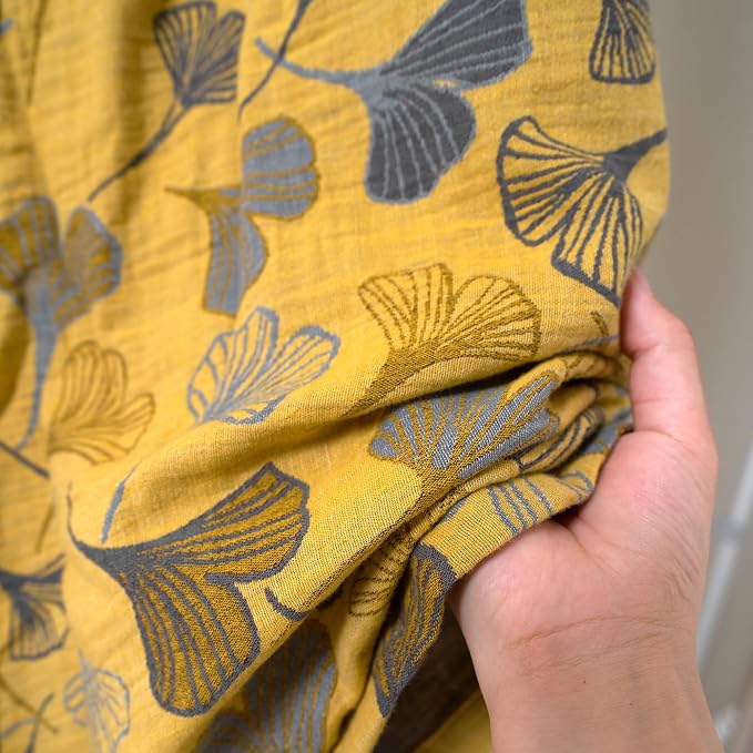 100% Cotton Gauze Ginkgo Leaf Kimono Robe, Long Knit Loose Bathrobe Nightgown Ladies Loungewear Sleepwear for Women