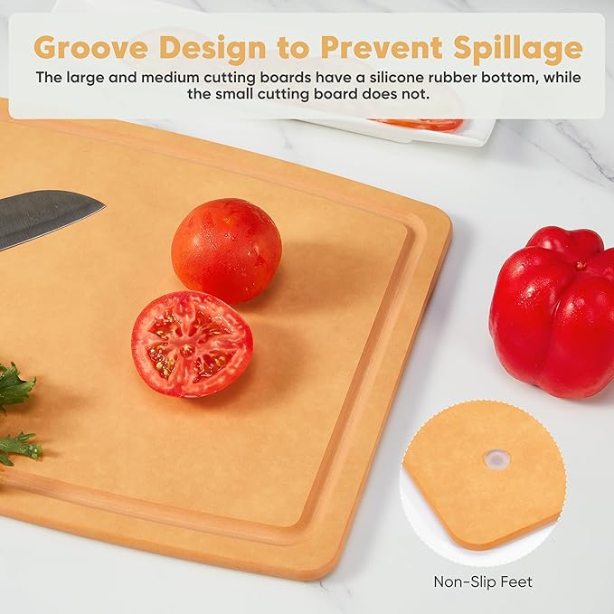 BESTCOOK Wood Fiber Cutting Board Set of 3, Composite Chopping Boards with Juice Groove, Dishwasher Safe, Non-Toxic, BPA-Free, Non-Porous, Non-Slip Feet, Durable for Cutting Meat, Vegetables, Fruit