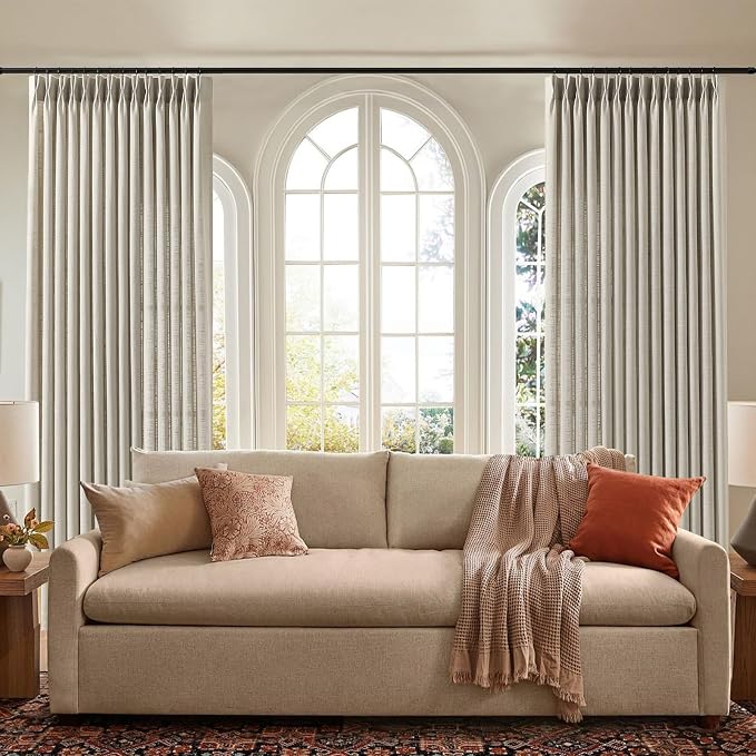 Pinch Pleated Linen Curtains Extra Wide 70 x 96 Inches Long for Living Room, Burlywood Birch Sheer Curtain Rustic Light Filtering Window Drapes Memory Trained Ceiling Curtain with Hooks, 1 Panel