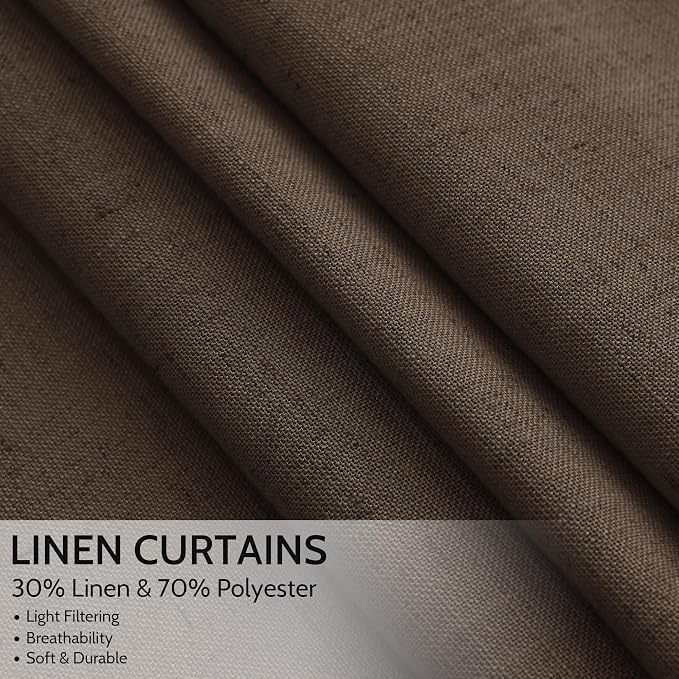 Nanspring Chocolate Linen Blend Light Filtering Back Tab Curtains 108 Inches Long, Semi Sheer Privacy Drapes for Living Room & Bedroom, 52x108 inch, 2 Panels
