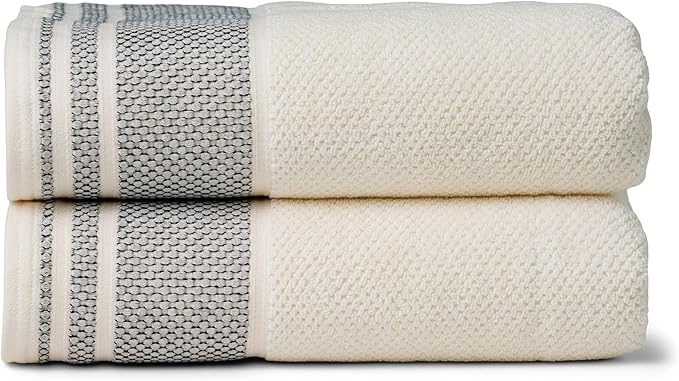 Texere 100% Organic Cotton Rice Weave Jacquard 700 GSM Luxury Bath Towel Sets - 2 Large Bath Towels (Rice Weave, Cream w/Blk, 2 Bath Towels)