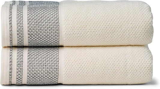 Texere 100% Organic Cotton Rice Weave Jacquard 700 GSM Luxury Bath Towel Sets - 2 Large Bath Towels (Rice Weave, Cream w/Blk, 2 Bath Towels)