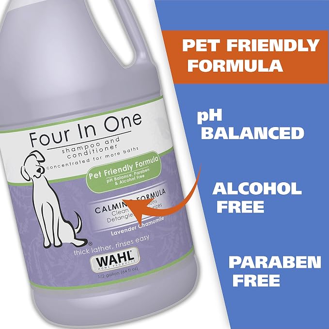 Wahl USA 4-in-1 Calming Pet Shampoo for Dogs with a Lavender Chamomile Scent – Cleans, Conditions, Detangles, & Moisturizes - Pet Friendly Formula – 64 Oz - Model 821000-050