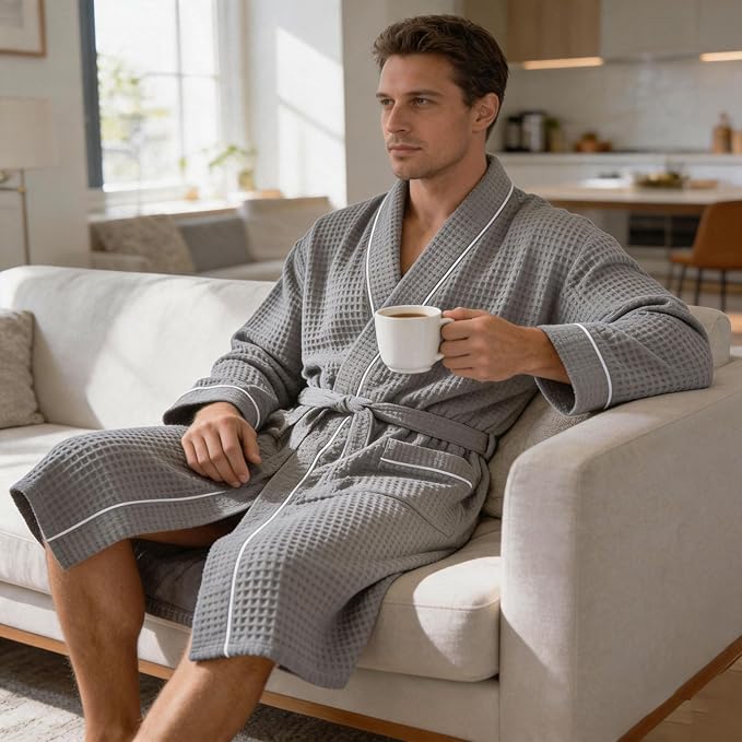 Inner Wish Men's Cotton Waffle Kimono Robe, Lightweight Soft Spa Shower Bathrobe, Hotel Lounge Robes for Men