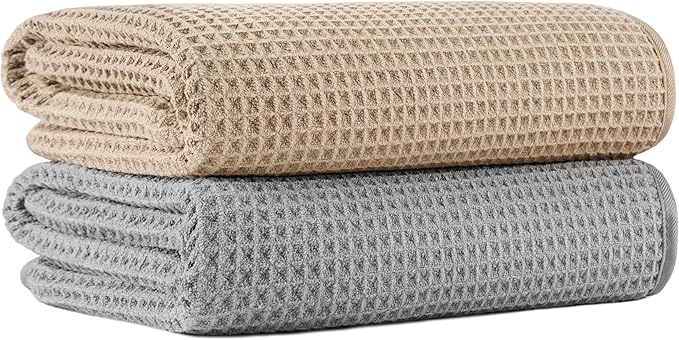 MICROFI New Microfiber Waffle Bath Towels, 2 Pieces, Soft, Absorbent, Fast Drying, Lint Free 430 GSM (Beige+Silver)