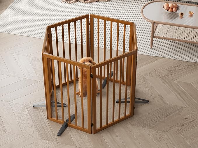 Freestanding Extra Wide Dog Gate Indoor, 6-Panel Wooden Pet Gate with 2 Metal Stands and 360°Hinge, Tall Dog Gates for Doorways, Stairs, Doorways, Kitchen, Foldable Safety Fence, 110"W x 32"H - Walnut