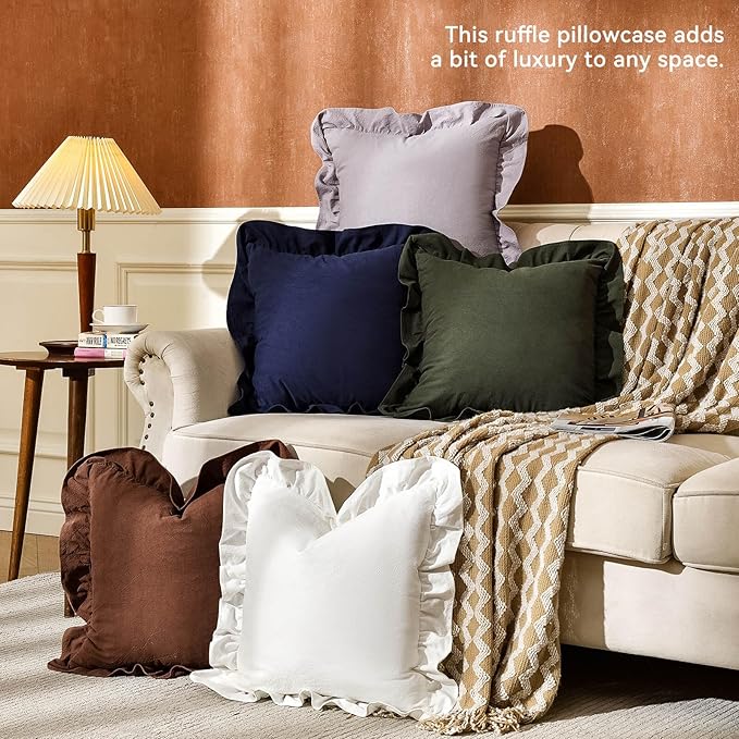 AmHoo Pack of 2 Throw Pillow Covers 100% Cotton Pre Washed Ruffle Decorative Pillowcase Cushion for Couch Sofa Bedroom 18 x 18-Inch Light Grey
