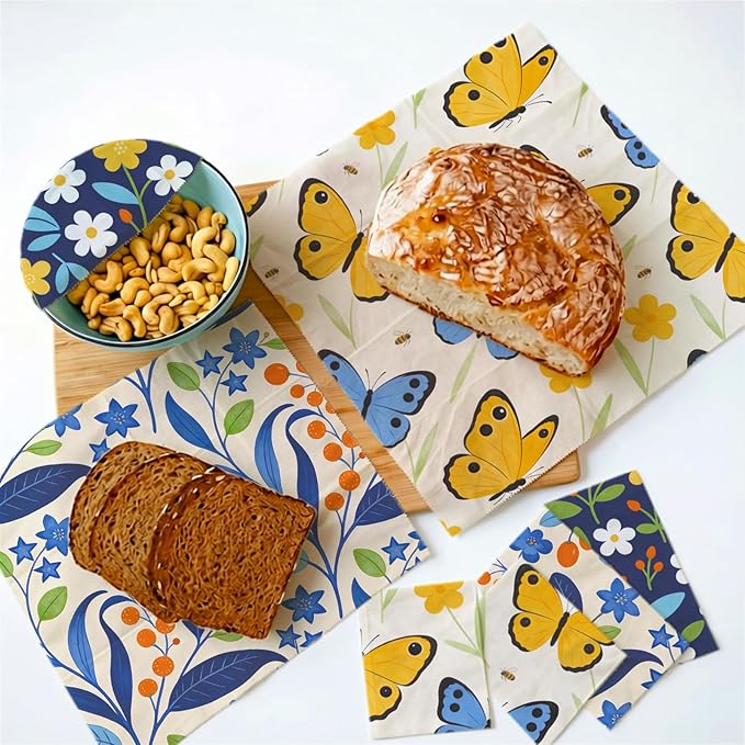 Reusable Beeswax Wrap, 9 Pack Eco-Friendly Beeswax Wraps For Food, Organic, Sustainable, Biodegradable, Zero Waste, Plastic-Free Food Storage, 1XL, 3M, 5S (Butterfly, Floral & Leaves)