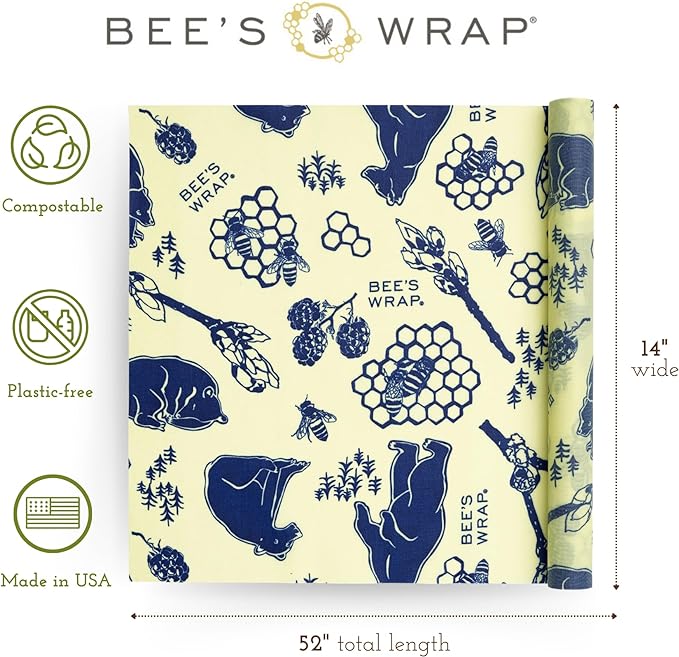 Bee's Wrap Beeswax Wraps for Food - Cut to Size 14x52" Beeswax Wrap Roll - Plastic Free Made in USA Reusable Natural Food Wrap - Bees & Bears