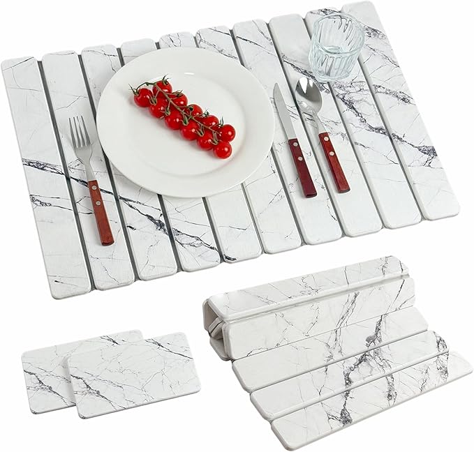 Diatomaceous Earth Stone Dish Drying Mat for Kitchen Counter – Quick Drying Mat Set (1*Large 23"×15.5" & 2*Small 7.5"×4") | Kitchen Drying Mat for Dishes, Cups & Utensils, Sink Mat (White Marble)