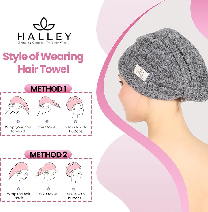 HALLEY Cotton Hair Towel Wrap (3 Packs) Super Absorbent Fast Drying Hair Towel for Thick Hair Turbans for Wet Hair with Button (Black, Grey, Blue)