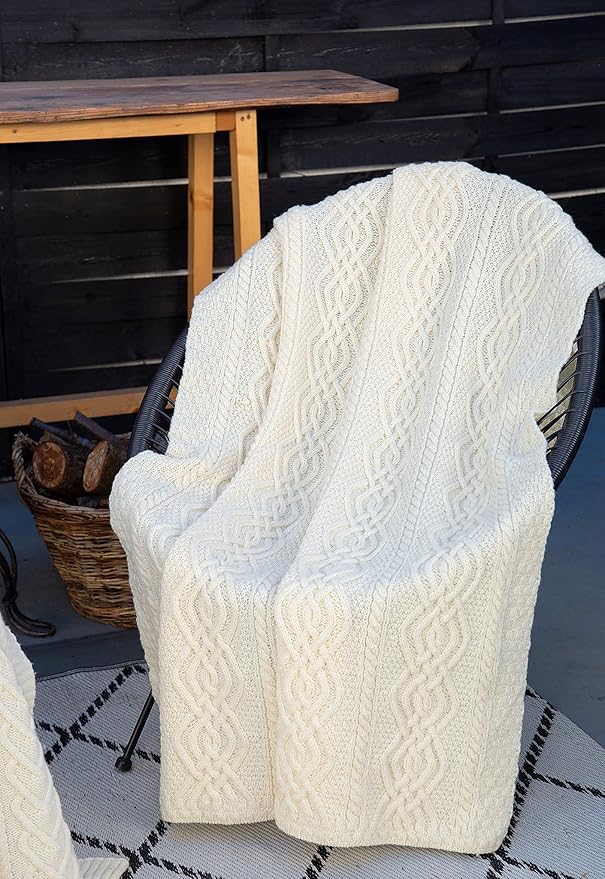 SAOL Luxurios Dara 100% Merino Wool Cable Knit Aran Bed & Couch Sofa Throw/Blanket (Natural) by 69 x 44 inches