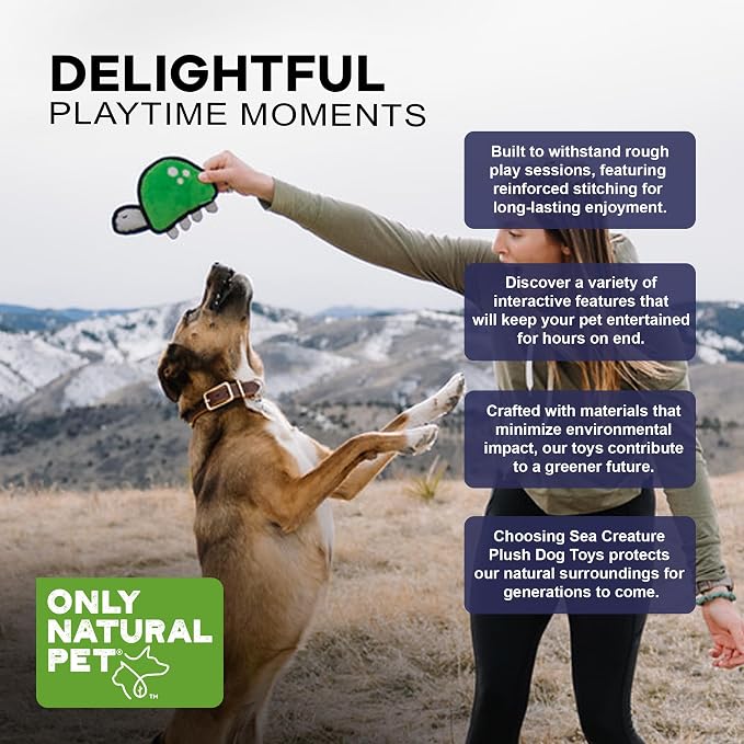 Only Natural Pet Sea Creatures Recycled Plush Dog Toys - Durable Double-Stitched Design with Internal Squeaker, Rope Tug Tail & Plush Head - Squeaky Pet Toy | Titan The Turtle, 11" x 5.5"