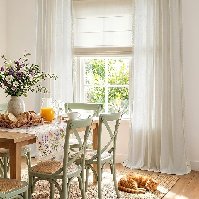 jinchan Linen Curtains for Living Room Bedroom Light Filtering Semi Sheer Curtains Boho Farmhouse French Country Cottage Core Decor Window Drapes Back Tab 108 Inch Length Laced Beige