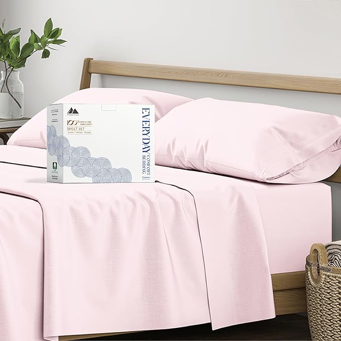 Mayfair Linen 100% Organic Cotton Sheets King Size - 4 PC Organic Cotton King Size Percale Weave Sheet Set, Soft, Cooling, Crisp & Breathable, 16" Deep Pocket Hotel Quality Bedding Set - Blush