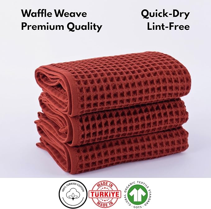 PÜSKÜL - Set of 3 Organic Waffle Hand Towel Red Brick - Premium Quality, 100% Turkish Cotton, Soft, Quick-Dry, Absorbent, Lint-Free Face Kitchen Hand Towels (Brick, Hand Towels - Pack of 3)