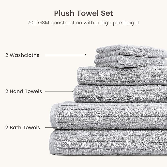 BIOWEAVES 100% Organic Cotton 6-Piece Luxury Bathroom Ribbed Towel Set GOTS Certified 700 GSM, 2 Bath Towel, 2 Hand Towel & 2 Wash Cloths - Lunar Rock