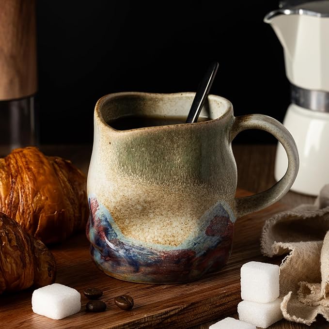 Handmade Ceramic Coffee Mugs, Mugs with Coffee Spoon, 11oz, Handmade Pottery Mug with Handle, Hand-painting, Unique Uneven Surface Tea cups, Dishwasher and Microwave Safe (White)