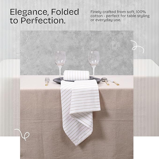 Beige Stripe Cloth Napkins (Set of 12), 18x18 Inch, 100% Cotton, Machine Washable, Classic Striped Table Dinner Napkin for Farmhouse Dining, Everyday Use & Special Occasions